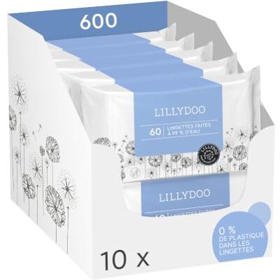 LILLYDOO Lingettes pour Bébé faites à 99% d'Eau, Lot de 10 x 60 (600 pcs) Douces comme du coton et de l'eau, sans parfum, et avec de l'huile d'amande douce bio et un tissu 100 % sans plastique - Publicité LILLYDOO Lingettes pour Bébé faites à 99% d'Eau, Lot de 10 x 60 (600 pcs) Douces comme du coton et de l'eau, sans parfum, et avec de l'huile d'amande douce bio et un tissu 100 % sans plastique - Publicité