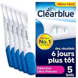 Clearblue Test De Grossesse, 5 unités, Détection Ultra Précoce de la Grossesse (10 mUI): Résultats jusqu’à 6 Jours avant le Retard de vos Règles, Pratique et Rapide, Fiable à Plus De 99% - Publicité Clearblue Test De Grossesse, 5 unités, Détection Ultra Précoce de la Grossesse (10 mUI): Résultats jusqu’à 6 Jours avant le Retard de vos Règles, Pratique et Rapide, Fiable à Plus De 99% - Publicité