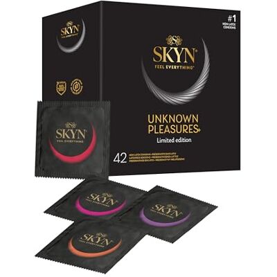 SKYN Unknown Pleasures + : Boîte de 42 préservatifs masculins sans latex 6x texture intensément perlée, 24x goût de cocktails, 6x ultra-fins et ultra-doux, 6x effet chauffant - Publicité SKYN Unknown Pleasures + : Boîte de 42 préservatifs masculins sans latex 6x texture intensément perlée, 24x goût de cocktails, 6x ultra-fins et ultra-doux, 6x effet chauffant - Publicité