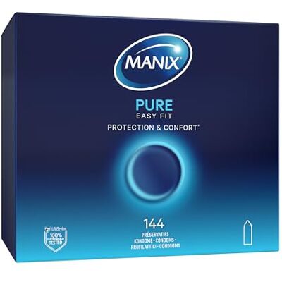 Manix Pure: Boîte de 144 Préservatifs Classiques en latex Préservatifs pour Homme Lubrifiés et Fins de Taille Standard/Largeur Nominale 53mm - Publicité Manix Pure: Boîte de 144 Préservatifs Classiques en latex Préservatifs pour Homme Lubrifiés et Fins de Taille Standard/Largeur Nominale 53mm - Publicité