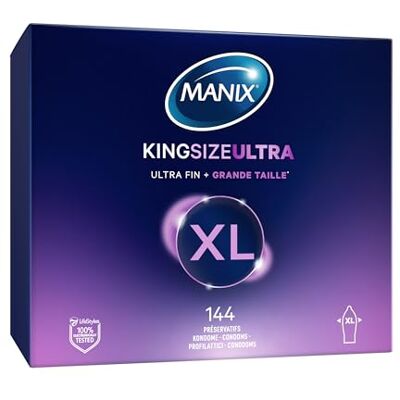 Manix King Size Ultra: Boîte de 144 Préservatifs Grande Taille XL Pour Homme, plus larges, Plus Longs et Extra Fins pour un Confort Maximal/Diamètre 56mm - Publicité Manix King Size Ultra: Boîte de 144 Préservatifs Grande Taille XL Pour Homme, plus larges, Plus Longs et Extra Fins pour un Confort Maximal/Diamètre 56mm - Publicité