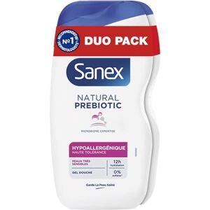 Sanex Natural Prebiotic Hypoallergénique Gel Douche Peau Très Sensible Hydratation 12h Complexe Prébiotique & Postbiotique- Testé Sous Contrôle Dermatologique- Sans Sulfate*- Lot de 425mL x 2 - Publicité Sanex Natural Prebiotic Hypoallergénique Gel Douche Peau Très Sensible Hydratation 12h Complexe Prébiotique & Postbiotique- Testé Sous Contrôle Dermatologique- Sans Sulfate*- Lot de 425mL x 2 - Publicité