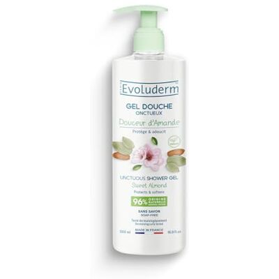 Evoluderm – Gel Douche Onctueux Douceur d'Amande 500 ml 95% d’Origine Naturelle Végan Fabrication Française - Publicité Evoluderm – Gel Douche Onctueux Douceur d'Amande 500 ml 95% d’Origine Naturelle Végan Fabrication Française - Publicité
