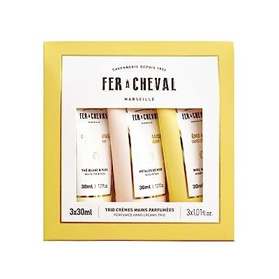 Fer à Cheval Coffret de 3 crèmes mains Rose-Thé blanc & Yuzu- Miel & Amande 3 x 30 ml - Publicité Fer à Cheval Coffret de 3 crèmes mains Rose-Thé blanc & Yuzu- Miel & Amande 3 x 30 ml - Publicité