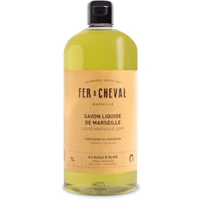 Fer à Cheval Véritable Savon de Marseille Liquide Sans Conservateur, et Hypoallergénique, il est Doux pour la Peau des plus Sensibles (OLIVE, 1L) - Publicité Fer à Cheval Véritable Savon de Marseille Liquide Sans Conservateur, et Hypoallergénique, il est Doux pour la Peau des plus Sensibles (OLIVE, 1L) - Publicité