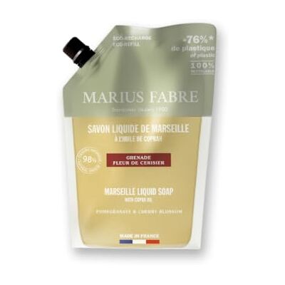 Marius Fabre Savon liquide de Marseille, Fleur de cerisier et Grenade, Éco-recharge 1L - Publicité Marius Fabre Savon liquide de Marseille, Fleur de cerisier et Grenade, Éco-recharge 1L - Publicité