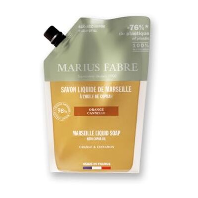 Marius Fabre Savon liquide de Marseille, Orange-Cannelle, Éco-recharge 1L - Publicité Marius Fabre Savon liquide de Marseille, Orange-Cannelle, Éco-recharge 1L - Publicité