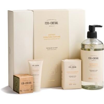 Fer à Cheval Savonnerie Coffret Cadeau Signature Parfumé Thé Blanc & Yuzu – Savon Liquide de Marseille, Savon Doux Parfumé, Crème Mains et Cube de Savon de Marseille - Publicité Fer à Cheval Savonnerie Coffret Cadeau Signature Parfumé Thé Blanc & Yuzu – Savon Liquide de Marseille, Savon Doux Parfumé, Crème Mains et Cube de Savon de Marseille - Publicité