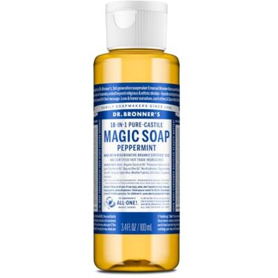 Dr. Bronner's Savon liquide menthe poivrée Dr Bronner's 100ml - Publicité Dr. Bronner's Savon liquide menthe poivrée Dr Bronner's 100ml - Publicité