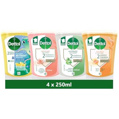 Dettol 4 Recharges No-Touch Savon Liquide Mains 250 ml Miel & Vanille, Citron, Eau de Rose & Beurre de Karité et Aloe Vera & Bambou - Publicité Dettol 4 Recharges No-Touch Savon Liquide Mains 250 ml Miel & Vanille, Citron, Eau de Rose & Beurre de Karité et Aloe Vera & Bambou - Publicité