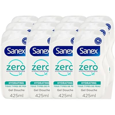 Sanex , Gel Douche Hypoallergénique Zero%, Hydratant, Lot de 12 x 425 ml Gels douche famille, Formule triple hydratation 8 heures, Sans colorant, savon ni sulfate*, Idéal corps, visage et cheveux - Publicité Sanex , Gel Douche Hypoallergénique Zero%, Hydratant, Lot de 12 x 425 ml Gels douche famille, Formule triple hydratation 8 heures, Sans colorant, savon ni sulfate*, Idéal corps, visage et cheveux - Publicité