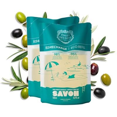 Panier des Sens Recharge Savon Liquide de Marseille Olive 2x500ml Recharge savon mains 1L pour remplir vos flacons, formule douce Savon de Marseille, 98% naturel, fabriqué en France. Publicité Panier des Sens Recharge Savon Liquide de Marseille Olive 2x500ml Recharge savon mains 1L pour remplir vos flacons, formule douce Savon de Marseille, 98% naturel, fabriqué en France. Publicité