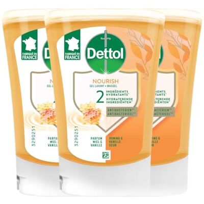 Dettol Recharge No-Touch savon liquide Main Miel & Vanille Action Nettoyante 250 ml 3 recharges - Publicité Dettol Recharge No-Touch savon liquide Main Miel & Vanille Action Nettoyante 250 ml 3 recharges - Publicité