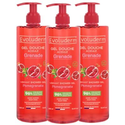 Evoluderm Gel Douche Acidulé Grenade 500ml 96% d'Ingrédients d'Origine Naturelle Végan Fabriqué en France Lot de 3 x 500ml - Publicité Evoluderm Gel Douche Acidulé Grenade 500ml 96% d'Ingrédients d'Origine Naturelle Végan Fabriqué en France Lot de 3 x 500ml - Publicité