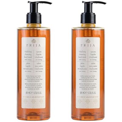 Prija Savon liquide au ginseng, 2 flacons de 380 ml, revitalisant pour l'hygiène des mains, testé dermatologiquement, végétalien - Publicité Prija Savon liquide au ginseng, 2 flacons de 380 ml, revitalisant pour l'hygiène des mains, testé dermatologiquement, végétalien - Publicité