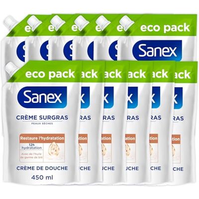 Sanex , Recharge Gel Douche Peaux Sèches, Surgras Crème, Lot de 12 x 450 ml Recharges éco pack crème douche surgras, Formule prébiotique à l'huile de germe de blé, Restaure l'hydratation pendant 12h - Publicité Sanex , Recharge Gel Douche Peaux Sèches, Surgras Crème, Lot de 12 x 450 ml Recharges éco pack crème douche surgras, Formule prébiotique à l'huile de germe de blé, Restaure l'hydratation pendant 12h - Publicité