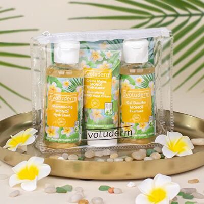 Evoluderm – Trousse Voyage Évasion Monoï – 1x Shampoing Monoï Hydratant 100 ml + 1x Gel Douche Monoï Exaltant 100 ml + 1x Crème Mains Monoï Hydratante 50 ml Fabrication Française - Publicité Evoluderm – Trousse Voyage Évasion Monoï – 1x Shampoing Monoï Hydratant 100 ml + 1x Gel Douche Monoï Exaltant 100 ml + 1x Crème Mains Monoï Hydratante 50 ml Fabrication Française - Publicité
