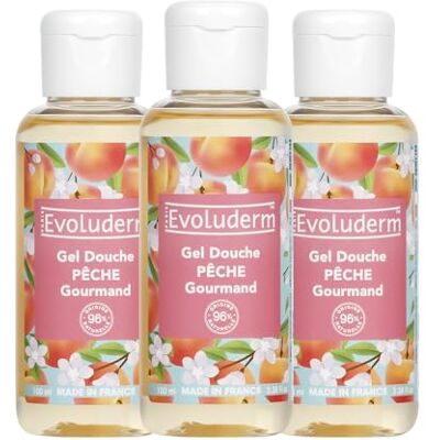 Evoluderm – Gel Douche Pêche Gourmand 100 ml 96% d'Origine Naturelle Végan Fabrication Française Lot de 3 x 100 ml - Publicité Evoluderm – Gel Douche Pêche Gourmand 100 ml 96% d'Origine Naturelle Végan Fabrication Française Lot de 3 x 100 ml - Publicité