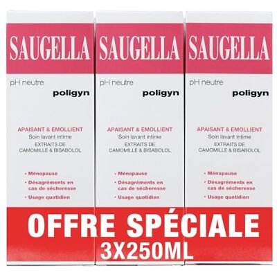 Saugella Poligyn Soin lavant intime ménopause 3 x 250 ml Aide à soulager les désagréments et démangeaisons intimes liés à la ménopause Lot de 3 - Publicité Saugella Poligyn Soin lavant intime ménopause 3 x 250 ml Aide à soulager les désagréments et démangeaisons intimes liés à la ménopause Lot de 3 - Publicité