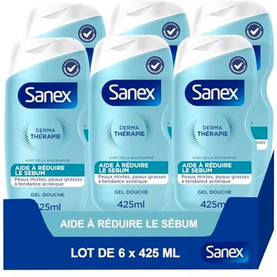 Sanex , Derma Thérapie, Gel Douche Anti-Acné, Peaux Grasses, Lot 6 x 425 ml Gel douche anti-acné pour peaux mixtes à grasses, Formule à la niacinamide, Réduit le sébum et préserve la barrière cutanée - Publicité Sanex , Derma Thérapie, Gel Douche Anti-Acné, Peaux Grasses, Lot 6 x 425 ml Gel douche anti-acné pour peaux mixtes à grasses, Formule à la niacinamide, Réduit le sébum et préserve la barrière cutanée - Publicité