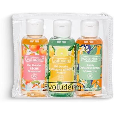 Evoluderm – Trousse Gels Douche – Gel Douche Pêche 100 ml + Aloe Vera 100 ml + Fleur D’Oranger 100ml – 96% d’Ingrédients d’Origine Naturelle Végan Fabrication Française - Publicité Evoluderm – Trousse Gels Douche – Gel Douche Pêche 100 ml + Aloe Vera 100 ml + Fleur D’Oranger 100ml – 96% d’Ingrédients d’Origine Naturelle Végan Fabrication Française - Publicité