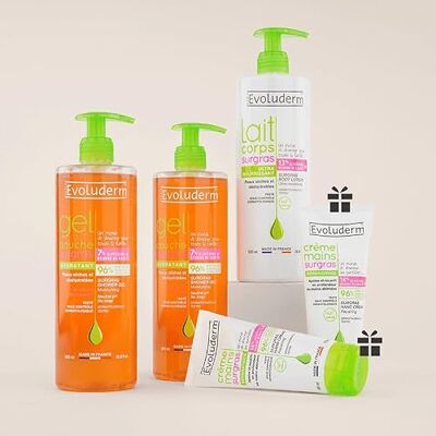 Evoluderm Offre Routine Corps Surgras 2 Gels Douche 500ml + 1 Lait Corps 500ml + 2 Crèmes Mains Offertes Ingrédients Naturels Made In France - Publicité Evoluderm Offre Routine Corps Surgras 2 Gels Douche 500ml + 1 Lait Corps 500ml + 2 Crèmes Mains Offertes Ingrédients Naturels Made In France - Publicité