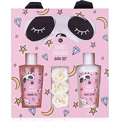 accentra cadeau bien-être pour femmes et filles Sweet Dreams coffret beauté avec masque de sommeil panda, gel douche, lotion pour le corps et confettis de bain à la rose - Publicité accentra cadeau bien-être pour femmes et filles Sweet Dreams coffret beauté avec masque de sommeil panda, gel douche, lotion pour le corps et confettis de bain à la rose - Publicité