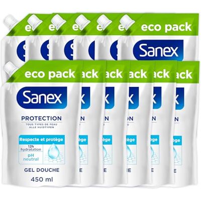 Sanex , Recharge Gel Douche Hydratant, Protection Douce, Lot de 12 x 450 ml Recharges éco pack gel douche, Formule hydratante 12h aux prébiotiques naturels, Conçu pour protéger tous les types de peau - Publicité Sanex , Recharge Gel Douche Hydratant, Protection Douce, Lot de 12 x 450 ml Recharges éco pack gel douche, Formule hydratante 12h aux prébiotiques naturels, Conçu pour protéger tous les types de peau - Publicité