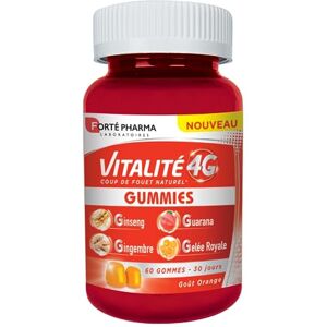 Forté Pharma Vitalité 4G Gummies   Gummies Energie Goût Orange Enfants Dès 12 ans   Complément Alimentaire Energie et Défenses Ginseng, Gingembre, Guarana et Gelée Royale   60 gummies = 1 mois - Publicité