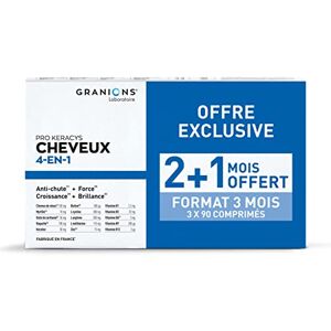 Granions PRO KERACYS 4-EN-1   Anti-chute Cheveux + Force + Croissance + Brillance   FORMAT 3 MOIS : 2 x 90 Gélules + 90 Gélules OFFERTES   Fabriqué en France - Publicité