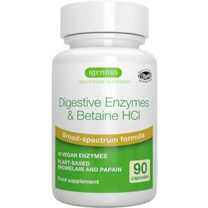 Enzymes digestives et Bétaïne HCl d'Igennus - 90 capsules - Publicité Enzymes digestives et Bétaïne HCl d'Igennus - 90 capsules - Publicité