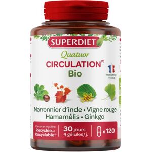 SUPERDIET QUATUOR CIRCULATION BIO-Marronnier d'Inde, Vigne rouge, Hamamélis, Ginkgo 120 gélules - Publicité