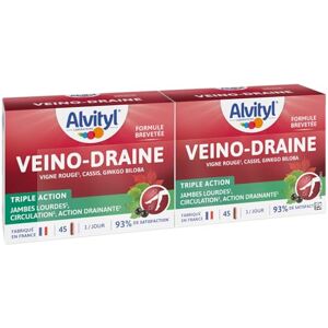 Alvityl Veino-Draine MAXI FORMAT Retention d'eau drainant puissant Circulation sanguine Jambes Légères Vigne Rouge + Cassis + Ginkgo Biloba Lot de 2x45 gélules - Publicité Alvityl Veino-Draine MAXI FORMAT Retention d'eau drainant puissant Circulation sanguine Jambes Légères Vigne Rouge + Cassis + Ginkgo Biloba Lot de 2x45 gélules - Publicité