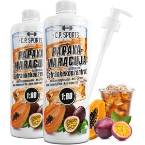 C.P. Sports sirop pour boissons PAPAYA-MARACUJA 2 litres + 2 distributeurs à pompe - Publicité C.P. Sports sirop pour boissons PAPAYA-MARACUJA 2 litres + 2 distributeurs à pompe - Publicité