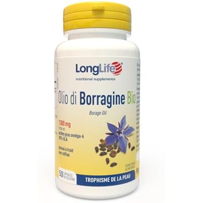 Longlife ® Olio di Borragine Bio 1300 Huile de bourrache titré à 20 % en GLA Oméga‑6 Beauté de la peau et confort articulaire Jusqu’à 50 jours de traitement BIO et sans gluten - Publicité Longlife ® Olio di Borragine Bio 1300 Huile de bourrache titré à 20 % en GLA Oméga‑6 Beauté de la peau et confort articulaire Jusqu’à 50 jours de traitement BIO et sans gluten - Publicité
