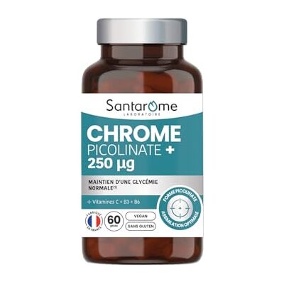 BIO + SANTAROME Chrome Picolinate 250 µg + C B3 B6 France 60 Gélules Complexe à 3 cofacteurs : C, B3, B6 Aide à équilibrer la glycémie Énergie stable, sans coup de barre Dose complète - Publicité BIO + SANTAROME Chrome Picolinate 250 µg + C B3 B6 France 60 Gélules Complexe à 3 cofacteurs : C, B3, B6 Aide à équilibrer la glycémie Énergie stable, sans coup de barre Dose complète - Publicité