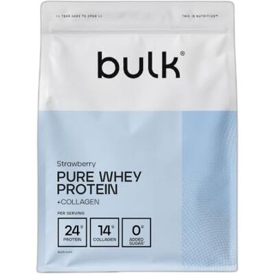 Bulk Pure Whey Protein + Collagène, Fraise, 900g Jusqu'à 23 g de protéines, 14 g de collagène, Sans sucres ajoutés, Contribue à la croissance et au maintien musculaires - Publicité Bulk Pure Whey Protein + Collagène, Fraise, 900g Jusqu'à 23 g de protéines, 14 g de collagène, Sans sucres ajoutés, Contribue à la croissance et au maintien musculaires - Publicité