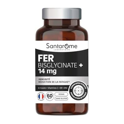 BIO + Santarome Fer Bisglycinate 14 mg – Immunité & Réduction de la Fatigue – Avec Cuivre, Vitamines C, B9 & B12 – Haute Assimilation – Vegan, Sans Gluten – 2 mois – Fabriqué en France - Publicité BIO + Santarome Fer Bisglycinate 14 mg – Immunité & Réduction de la Fatigue – Avec Cuivre, Vitamines C, B9 & B12 – Haute Assimilation – Vegan, Sans Gluten – 2 mois – Fabriqué en France - Publicité