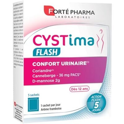 Forté Pharma Confort urinaire femme Cystima Flash 5 sachets dès 12 ans Elimination, Bien etre, Action rapide, Coriandre, D mannose, Cranberry, Arôme framboise, 1 sachet par jour - Publicité Forté Pharma Confort urinaire femme Cystima Flash 5 sachets dès 12 ans Elimination, Bien etre, Action rapide, Coriandre, D mannose, Cranberry, Arôme framboise, 1 sachet par jour - Publicité
