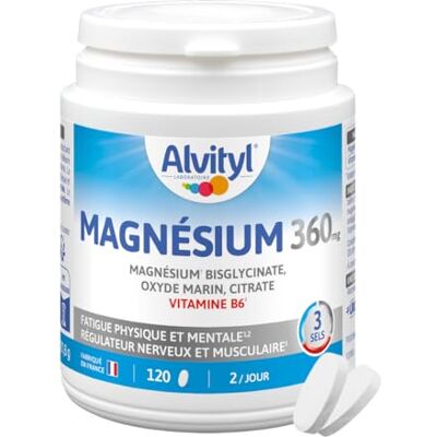 Alvityl Magnésium 360mg Complex MAXI FORMAT – Bisglycinate + Oxyde Marin + Citrate + Vitamine B6 – Fatigue, Stress Fabriqué en France – 120 comprimés – 2 mois - Publicité Alvityl Magnésium 360mg Complex MAXI FORMAT – Bisglycinate + Oxyde Marin + Citrate + Vitamine B6 – Fatigue, Stress Fabriqué en France – 120 comprimés – 2 mois - Publicité