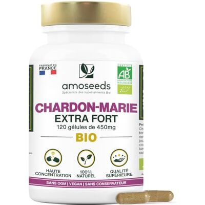Amoseeds Chardon-Marie BIO Extra Fort, 1350mg / Jour Haute Concentration 120 gélules de 450mg Qualité Supérieure - Publicité Amoseeds Chardon-Marie BIO Extra Fort, 1350mg / Jour Haute Concentration 120 gélules de 450mg Qualité Supérieure - Publicité