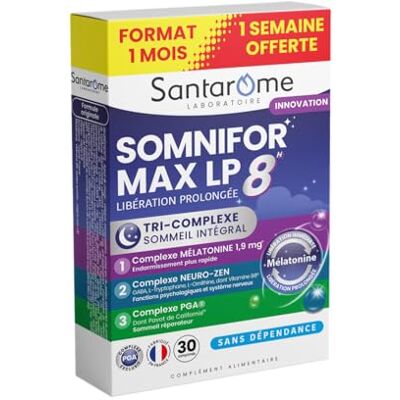 BIO + SANTAROME Somnifor Max LP 8H Complément Alimentaire Sommeil Endormissement Rapide & Sommeil Réparateur Mélatonine 1,9 mg, GABA, L-Tryptophane Fabriqué en France 30 Comprimés - Publicité BIO + SANTAROME Somnifor Max LP 8H Complément Alimentaire Sommeil Endormissement Rapide & Sommeil Réparateur Mélatonine 1,9 mg, GABA, L-Tryptophane Fabriqué en France 30 Comprimés - Publicité
