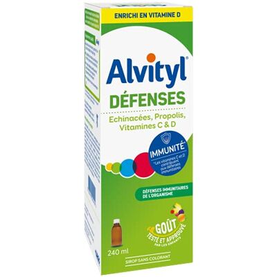 Alvityl Sirop Défenses Immunitaires dont Propolis Vitamines C et D 240 ml Goût multifruits, approuvé par les enfants, 99% d'origine naturelle, sans colorant, dès 3ans, Fabriqué en France - Publicité Alvityl Sirop Défenses Immunitaires dont Propolis Vitamines C et D 240 ml Goût multifruits, approuvé par les enfants, 99% d'origine naturelle, sans colorant, dès 3ans, Fabriqué en France - Publicité