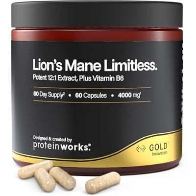 THE PROTEIN WORKS Protein Works Lion's Mane Limitless Gold, 60 Capsules Complément Lion's Mane 4000 mg avec Vitamine B6, Extrait 12:1, Soutient Fonction Cognitive, Énergie & Clarté Mentale - Publicité THE PROTEIN WORKS Protein Works Lion's Mane Limitless Gold, 60 Capsules Complément Lion's Mane 4000 mg avec Vitamine B6, Extrait 12:1, Soutient Fonction Cognitive, Énergie & Clarté Mentale - Publicité
