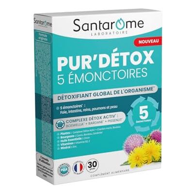 BIO + Santarome Pur’Détox 5 Émonctoires Détoxifiant Foie, Intestins, Reins, Poumons, Peau Digestion & Drainage Complexe Détox Activ’ Boswellia, Bardane, Pissenlit 30 gélules Fabriqué en France - Publicité BIO + Santarome Pur’Détox 5 Émonctoires Détoxifiant Foie, Intestins, Reins, Poumons, Peau Digestion & Drainage Complexe Détox Activ’ Boswellia, Bardane, Pissenlit 30 gélules Fabriqué en France - Publicité
