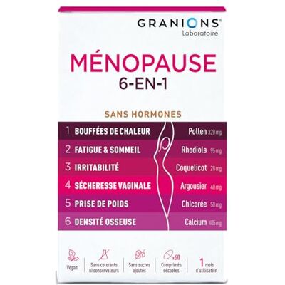 Granions Menopause Bouffées De Chaleur 60 Comprimés Formule 6-en-1, Bouffée de Chaleur, Anti Fatigue et Irritabilité, Comprimés Sécables, Format 3 Mois - Publicité Granions Menopause Bouffées De Chaleur 60 Comprimés Formule 6-en-1, Bouffée de Chaleur, Anti Fatigue et Irritabilité, Comprimés Sécables, Format 3 Mois - Publicité