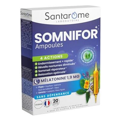 BIO + Somnifor Complément Alimentaire Sommeil Mélatonine 1,9 mg, Plantes Endormissement rapide, sommeil réparateur 20 ampoules Végan Made In France - Publicité BIO + Somnifor Complément Alimentaire Sommeil Mélatonine 1,9 mg, Plantes Endormissement rapide, sommeil réparateur 20 ampoules Végan Made In France - Publicité