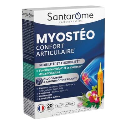 BIO + SANTAROME Myostéo Confort Articulaire 20 Ampoules Fabriqué en France Glucosamine et chondroïtine, plantes et bourgeons Curcuma et harpagophytum Confort et souplesse articulaire Goût cassis - Publicité BIO + SANTAROME Myostéo Confort Articulaire 20 Ampoules Fabriqué en France Glucosamine et chondroïtine, plantes et bourgeons Curcuma et harpagophytum Confort et souplesse articulaire Goût cassis - Publicité