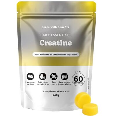 Bears with Benefits Gummies Créatine 3000mg Daily Essentials Performance Physique Créatine Monohydrate 60 Pièces (1 mois) Sans Sucre, Vegan - Publicité Bears with Benefits Gummies Créatine 3000mg Daily Essentials Performance Physique Créatine Monohydrate 60 Pièces (1 mois) Sans Sucre, Vegan - Publicité
