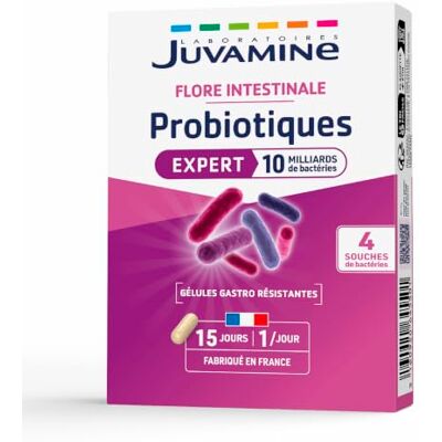 JUVAMINE Probiotiques 10 Milliards Bactéries Flore intestinale 15j 4 Souches Viable et Stable, Gélules Gastro-résistantes, Equilibre du Microbiote, Micro-Organismes, Fabriqué en France - Publicité JUVAMINE Probiotiques 10 Milliards Bactéries Flore intestinale 15j 4 Souches Viable et Stable, Gélules Gastro-résistantes, Equilibre du Microbiote, Micro-Organismes, Fabriqué en France - Publicité